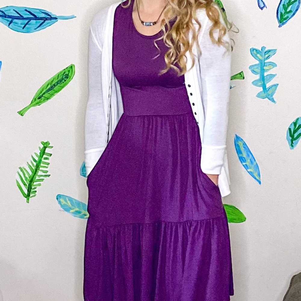 Small Plum Tiered Long Sleeve knee length Dress